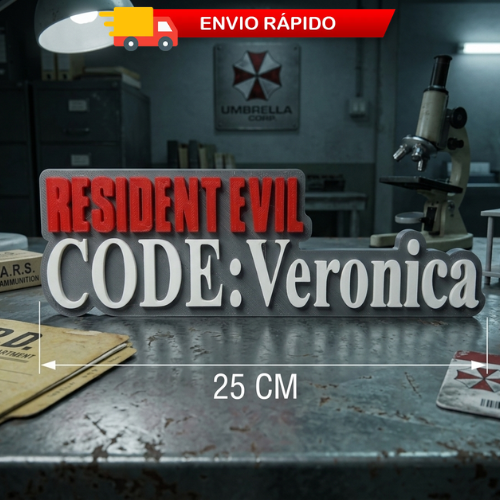 Placa Resident Evil Code: Veronica – Letreiro Logo Gamer, Enfeite Estante 🧬💎